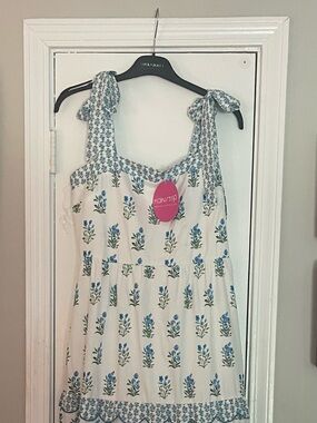 ⚜️Boutique Floral Tie-Strap Maxi Sundress in White and Blue NWT Large